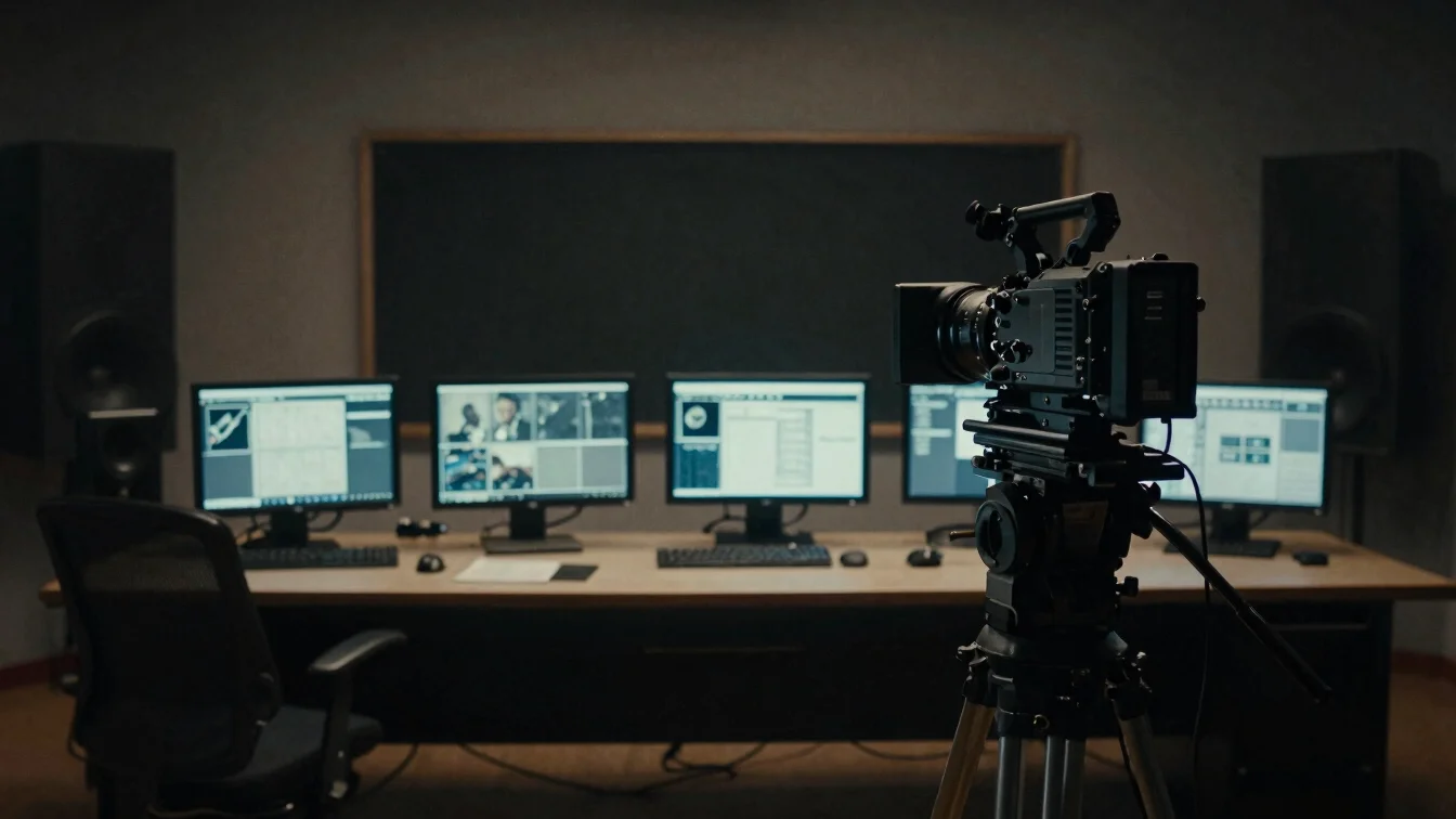 Low-lit studio control room with glowing monitor screens and a hi