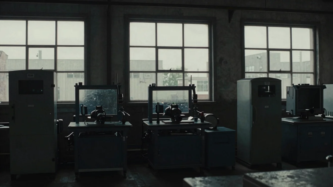 Moody overcast daylight streaming through industrial warehouse wi