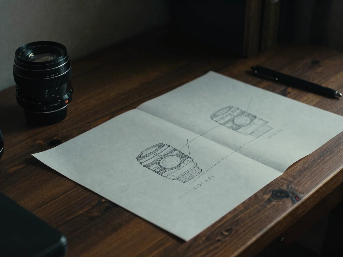 Hand-annotated lighting diagram spread across a dark wooden desk beside a vintage lens