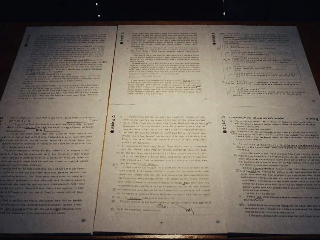 Marked-up script pages with editorial notes under low-key directional table lighting