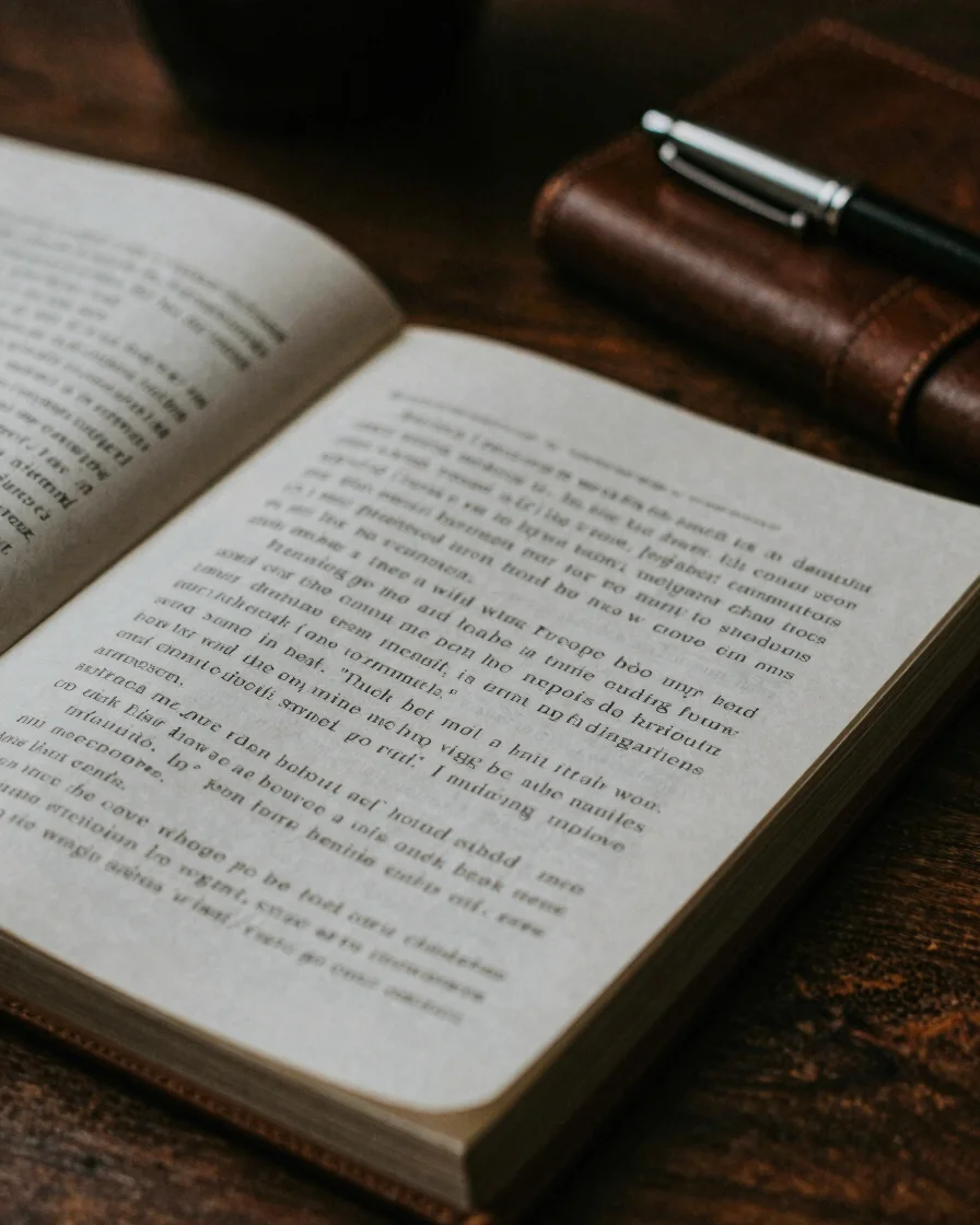 Macro close-up of a typed manuscript page on a dark oak desk unde